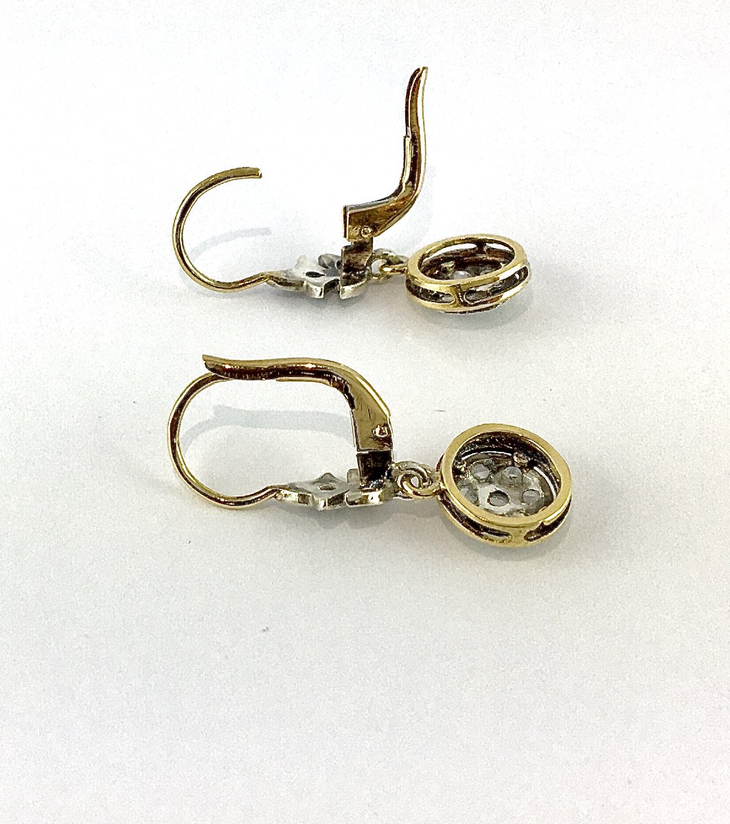 Boucles d’Oreilles Dormeuses Belle Époque Diamants Taille Rose sur Or Jaune et Argent -photo-7