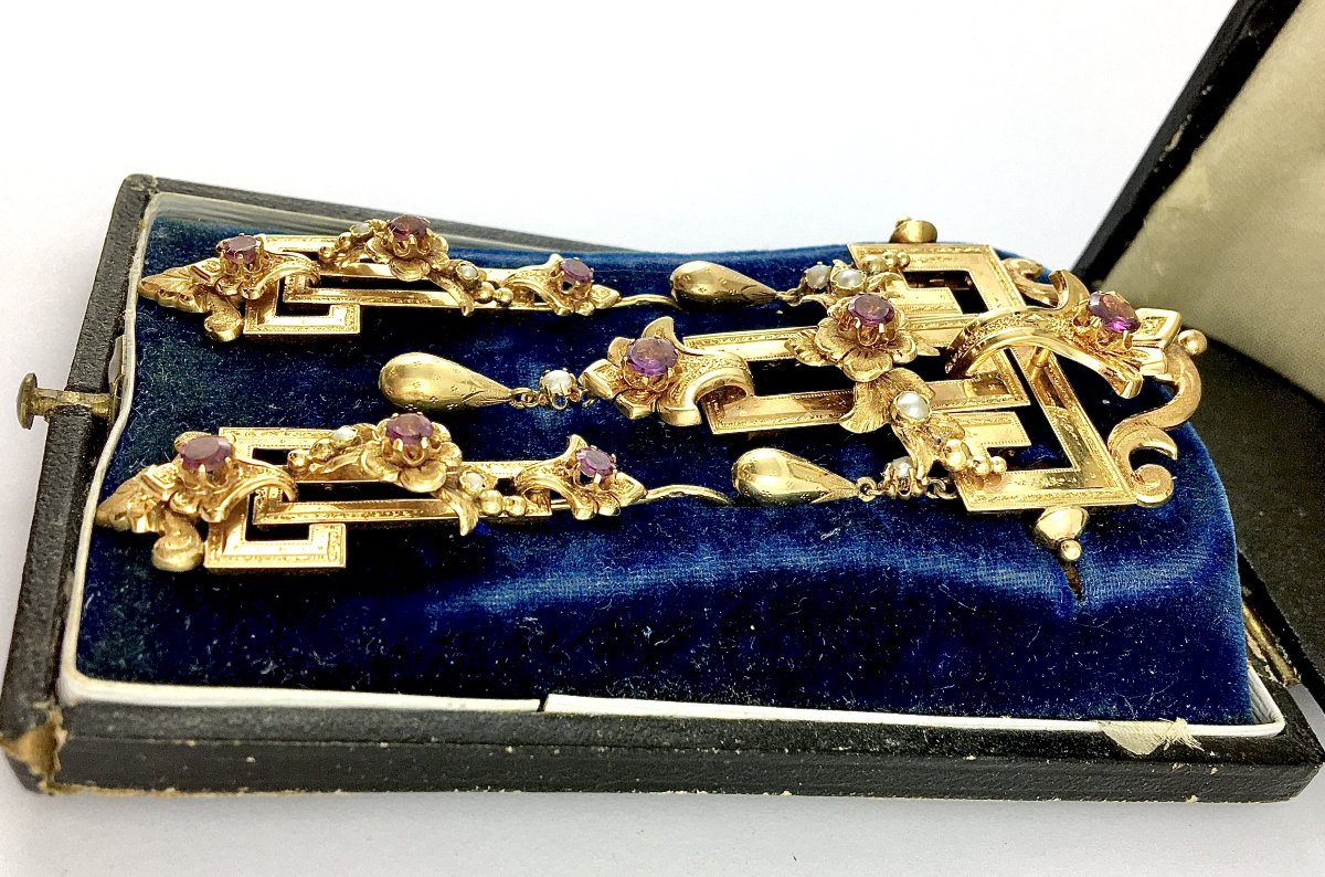 Demi-Parure Napoléon III en Or, Grenats Roses et Perles Fines Dans Son Ecrin d'Origine-photo-3