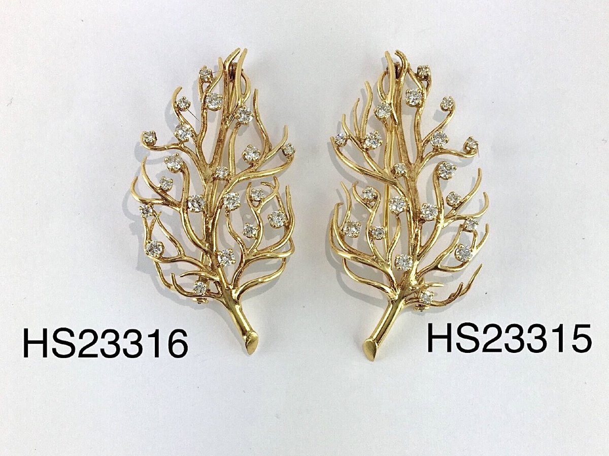 Pair Of Vintage Organic Yellow Gold And Diamond Brooches – Circa 1970-photo-2