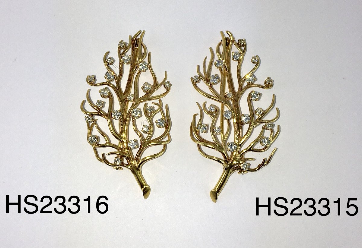 Pair Of Vintage Organic Yellow Gold And Diamond Brooches – Circa 1970-photo-3