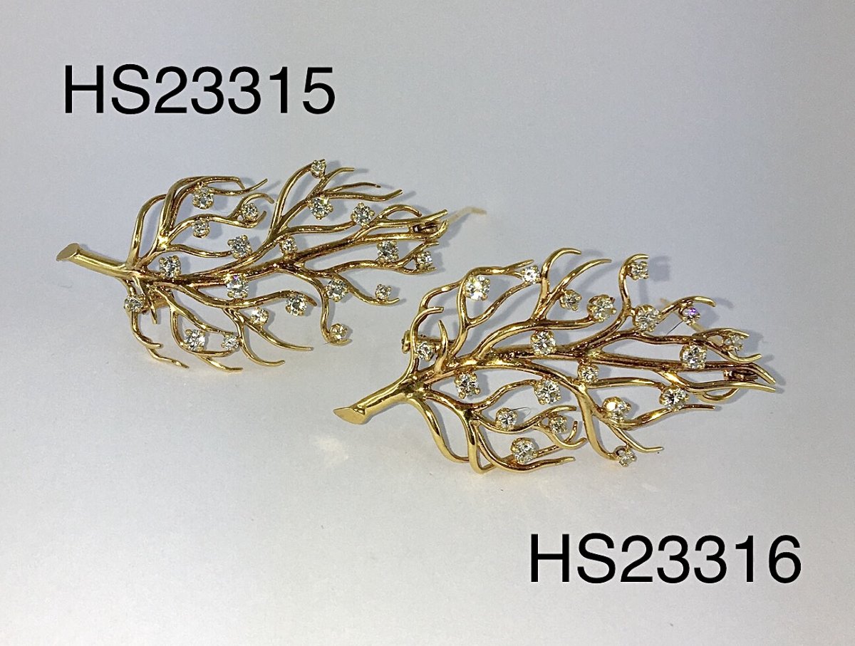 Pair Of Vintage Organic Yellow Gold And Diamond Brooches – Circa 1970-photo-4