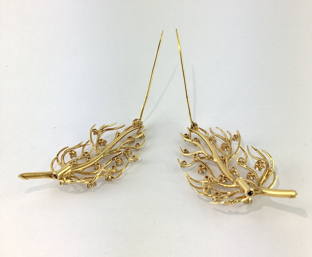 Pair Of Vintage Organic Yellow Gold And Diamond Brooches – Circa 1970-photo-4