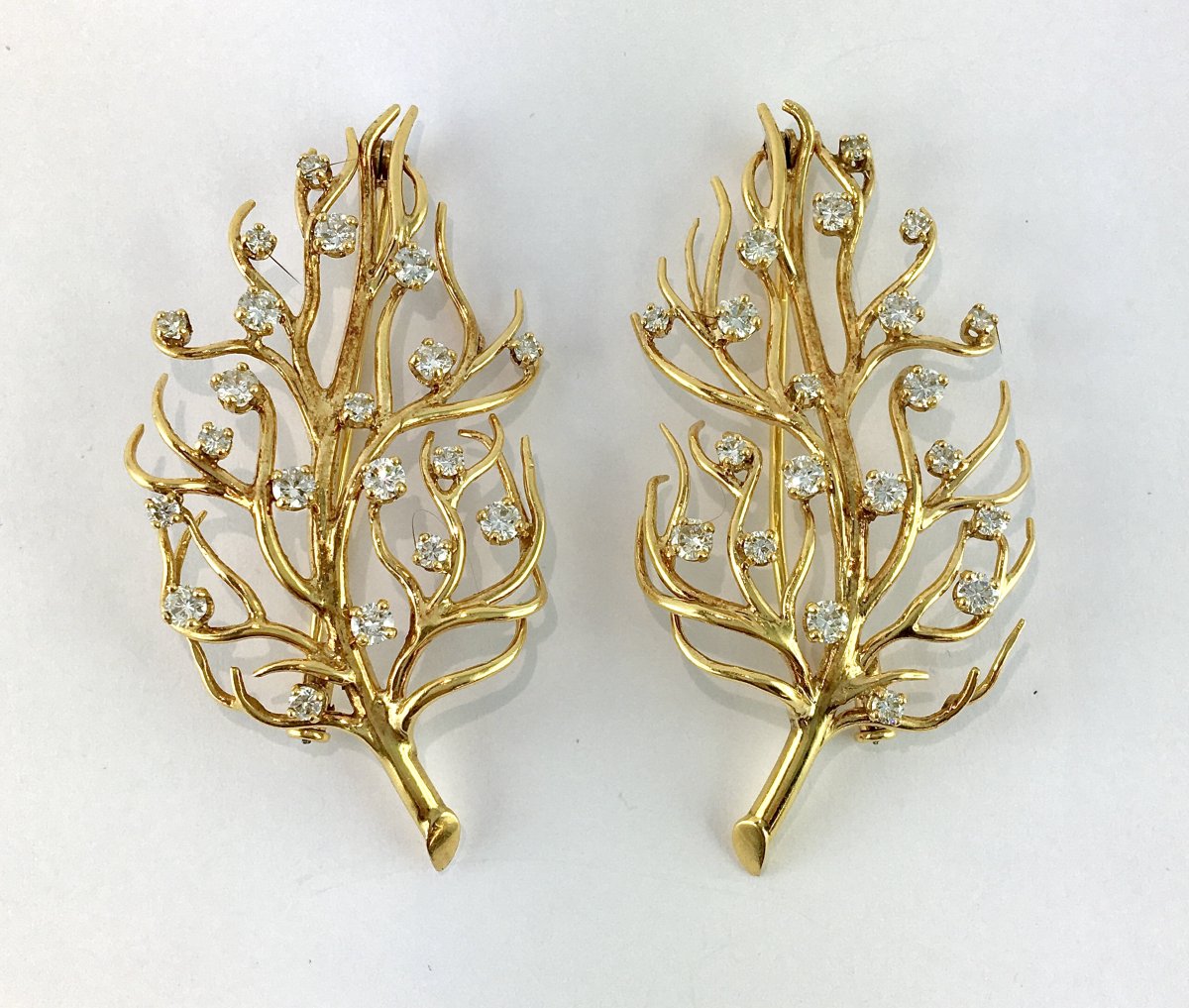 Pair Of Vintage Organic Yellow Gold And Diamond Brooches – Circa 1970