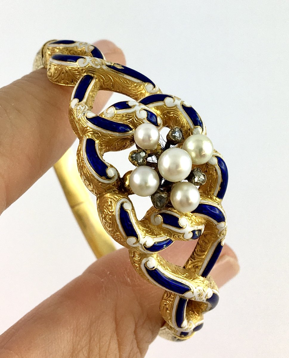 Bracelet Napoléon III en Or, Email Bleu et Blanc, Perles Fines et Diamants – Vers 1860-1870-photo-2