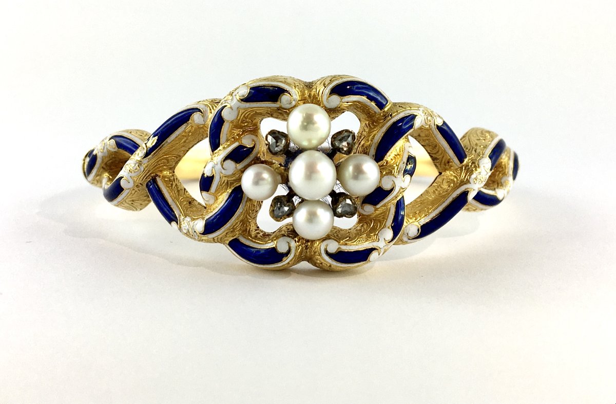 Bracelet Napoléon III en Or, Email Bleu et Blanc, Perles Fines et Diamants – Vers 1860-1870-photo-4