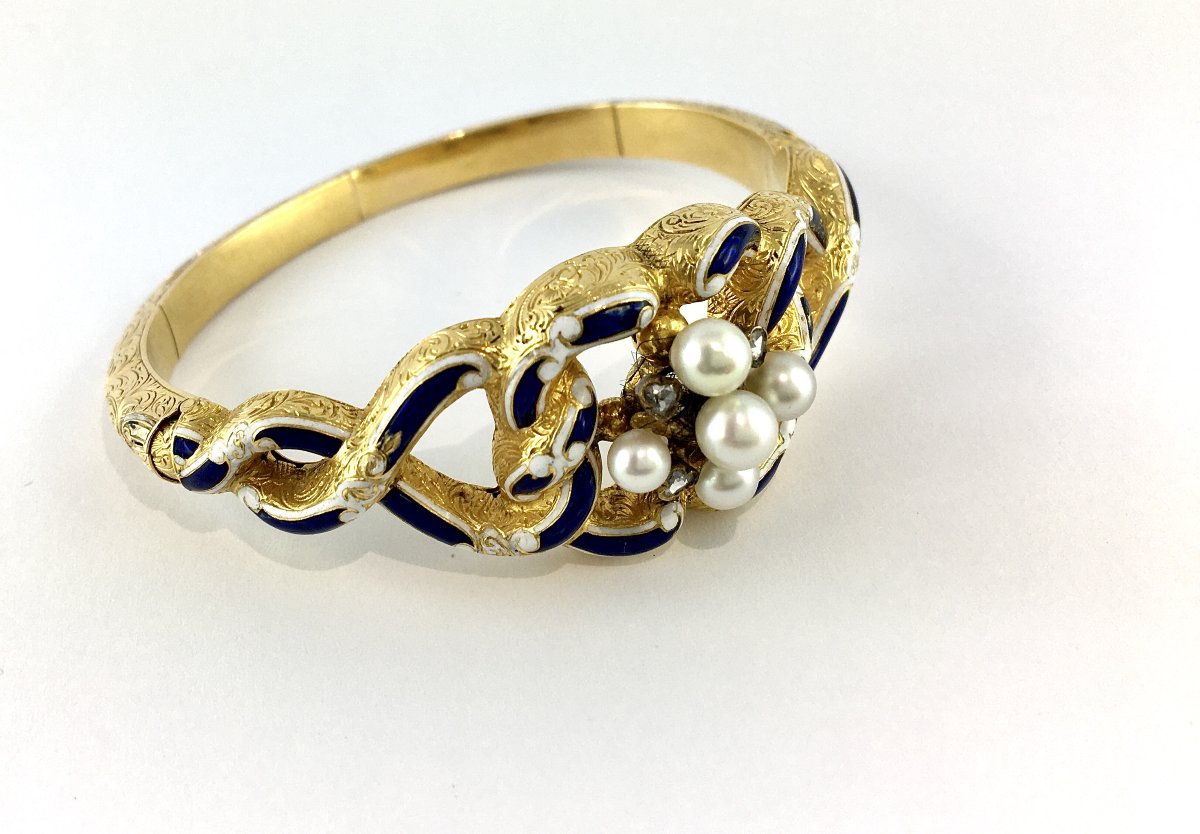 Bracelet Napoléon III en Or, Email Bleu et Blanc, Perles Fines et Diamants – Vers 1860-1870-photo-1