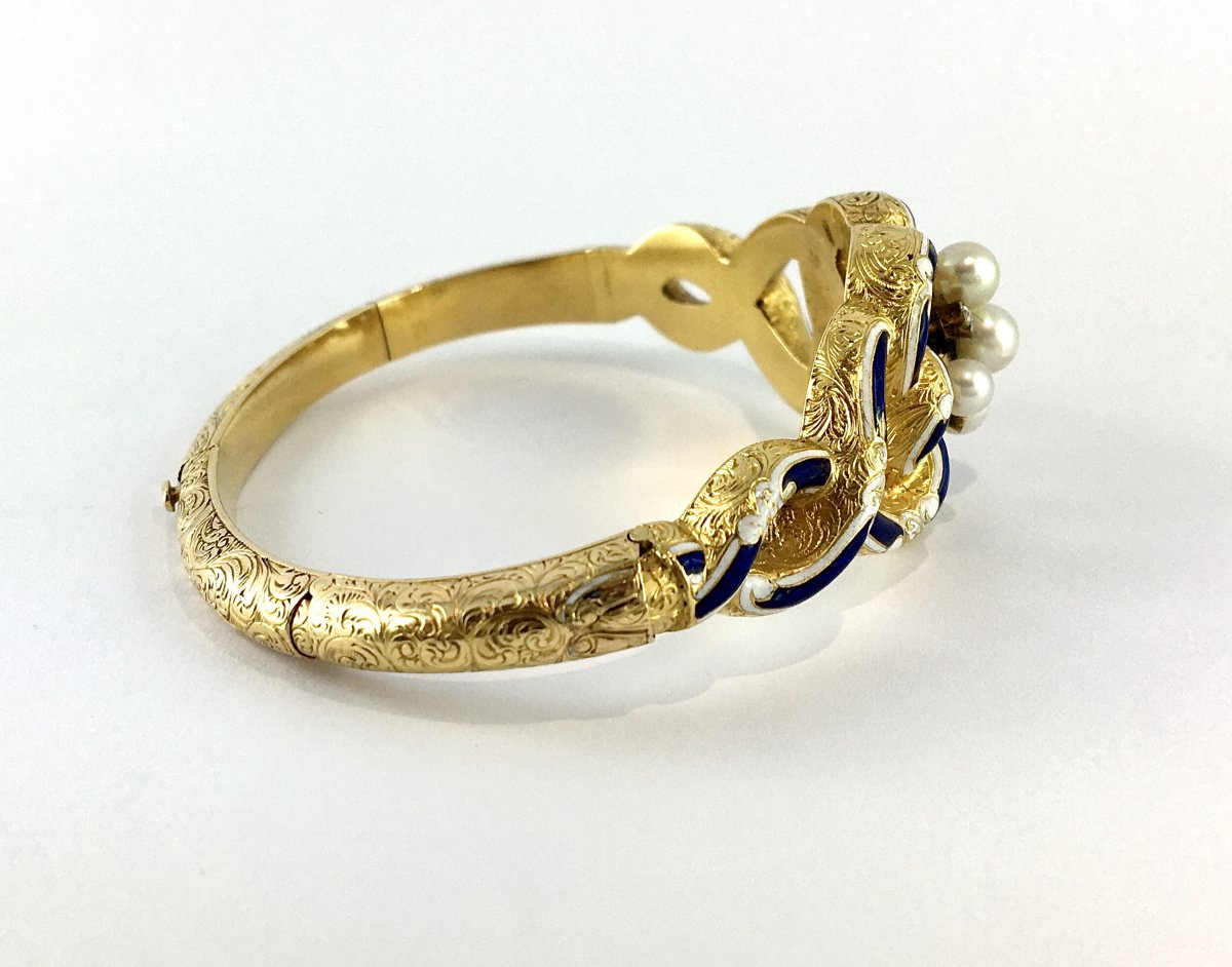 Bracelet Napoléon III en Or, Email Bleu et Blanc, Perles Fines et Diamants – Vers 1860-1870-photo-2