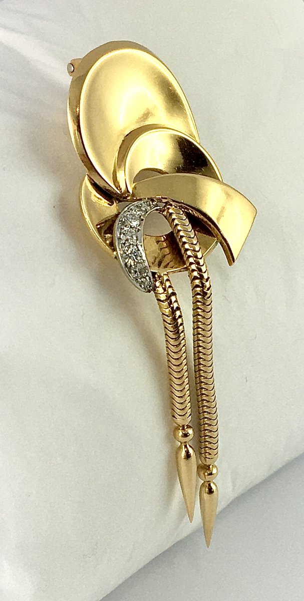 Broche Rétro des Années 1940 à Pampilles Mobiles en or Jaune, Platine et Diamants -photo-4