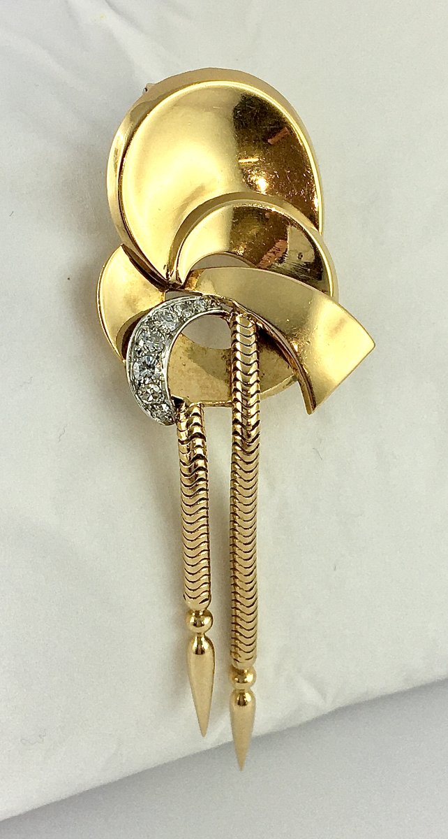 Broche Rétro des Années 1940 à Pampilles Mobiles en or Jaune, Platine et Diamants -photo-2