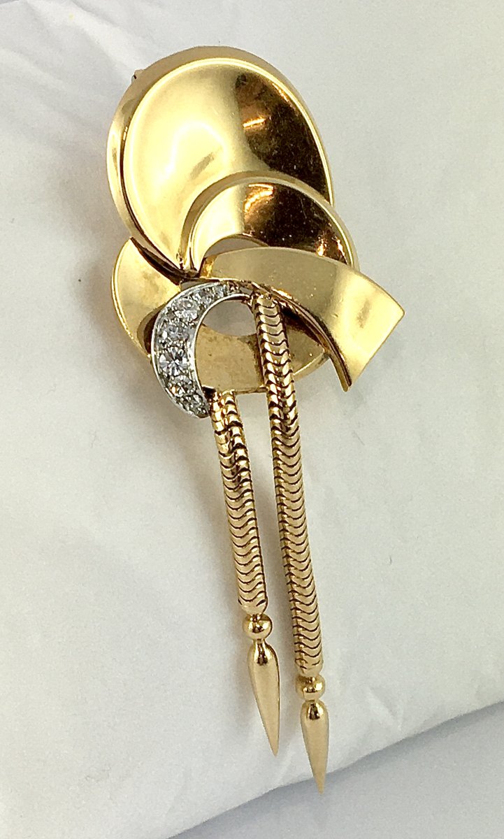 Broche Rétro des Années 1940 à Pampilles Mobiles en or Jaune, Platine et Diamants -photo-3