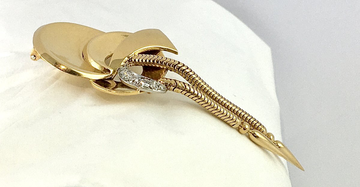 Broche Rétro des Années 1940 à Pampilles Mobiles en or Jaune, Platine et Diamants -photo-2