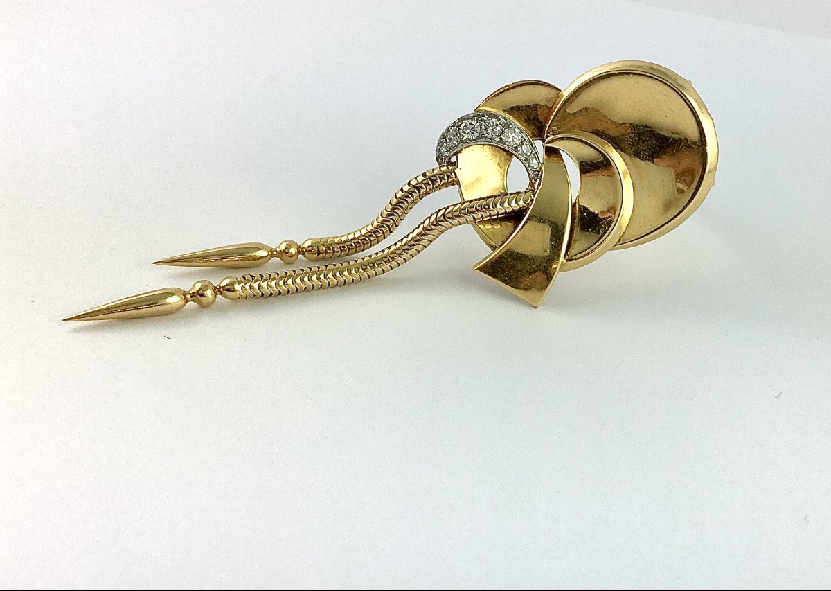 Broche Rétro des Années 1940 à Pampilles Mobiles en or Jaune, Platine et Diamants -photo-3