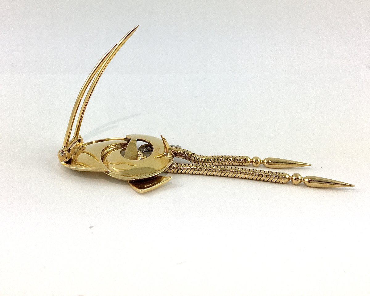 Broche Rétro des Années 1940 à Pampilles Mobiles en or Jaune, Platine et Diamants -photo-5