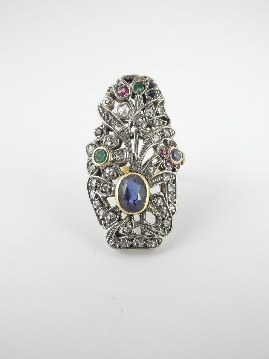 Bague Style Art Nouveau Florale, Saphir, Diamants et Pierres de Couleur sur Or Jaune et Argent-photo-2