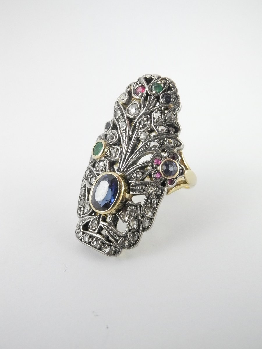 Bague Style Art Nouveau Florale, Saphir, Diamants et Pierres de Couleur sur Or Jaune et Argent-photo-3