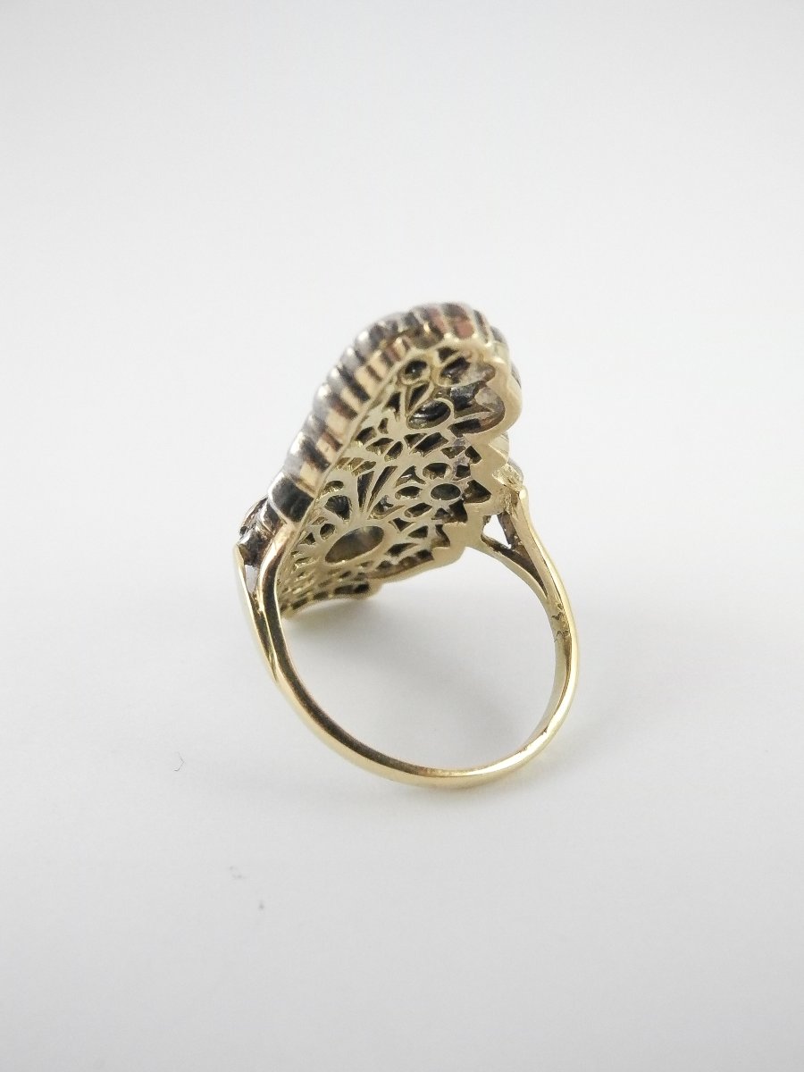 Bague Style Art Nouveau Florale, Saphir, Diamants et Pierres de Couleur sur Or Jaune et Argent-photo-1