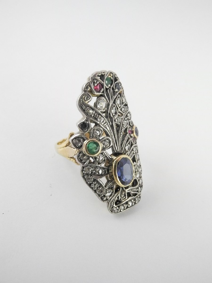 Bague Style Art Nouveau Florale, Saphir, Diamants et Pierres de Couleur sur Or Jaune et Argent-photo-3