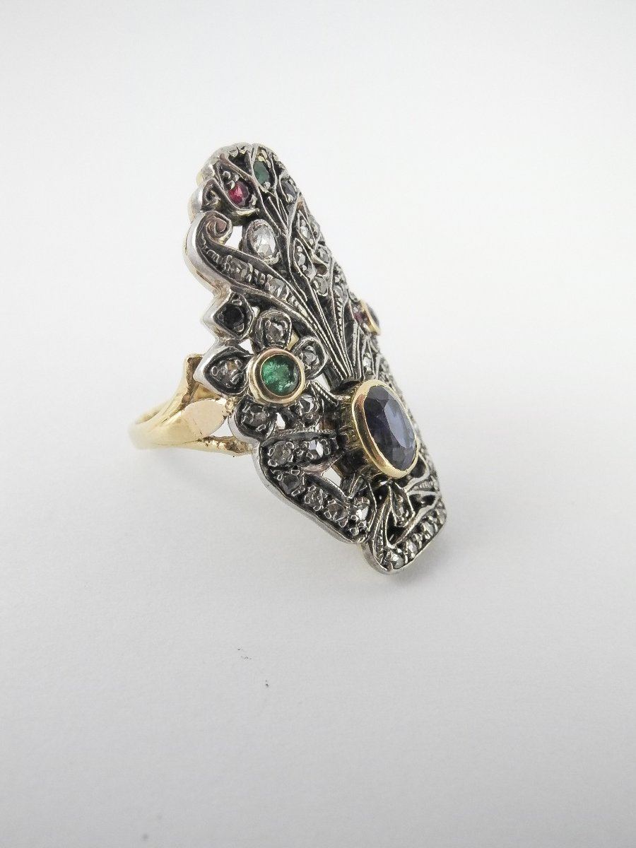 Bague Style Art Nouveau Florale, Saphir, Diamants et Pierres de Couleur sur Or Jaune et Argent-photo-4