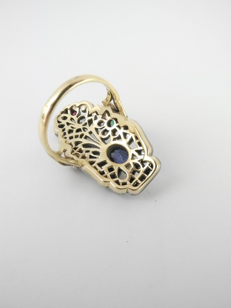 Bague Style Art Nouveau Florale, Saphir, Diamants et Pierres de Couleur sur Or Jaune et Argent-photo-5