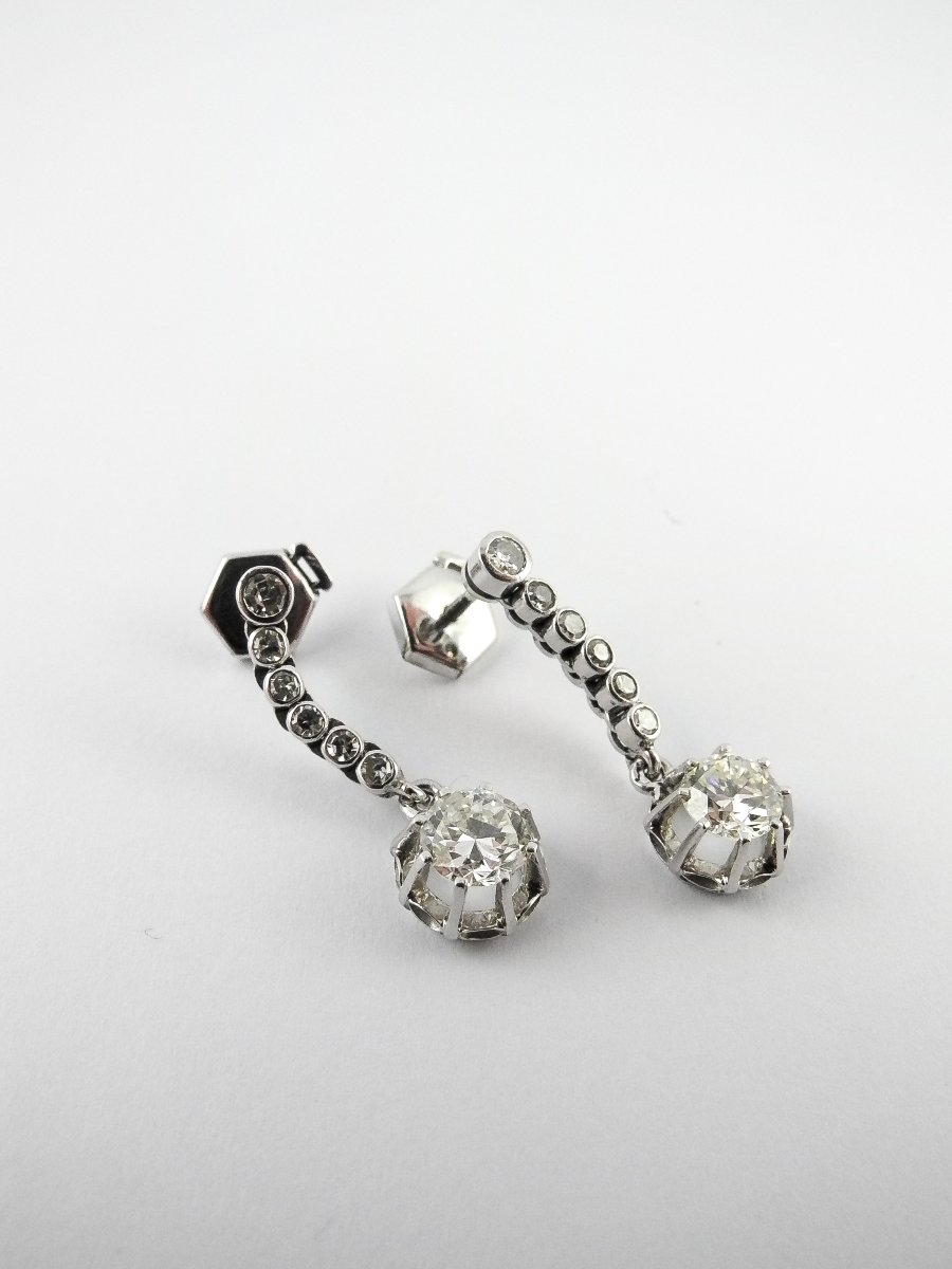 Art Deco Dangle Earrings, Half-cut Diamonds Set In Platinum And White Gold-photo-3