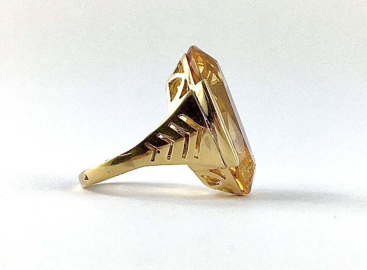 Bague Citrine Ovale sur Monture Or Jaune Ajourée d'Inspiration Art Déco-photo-4