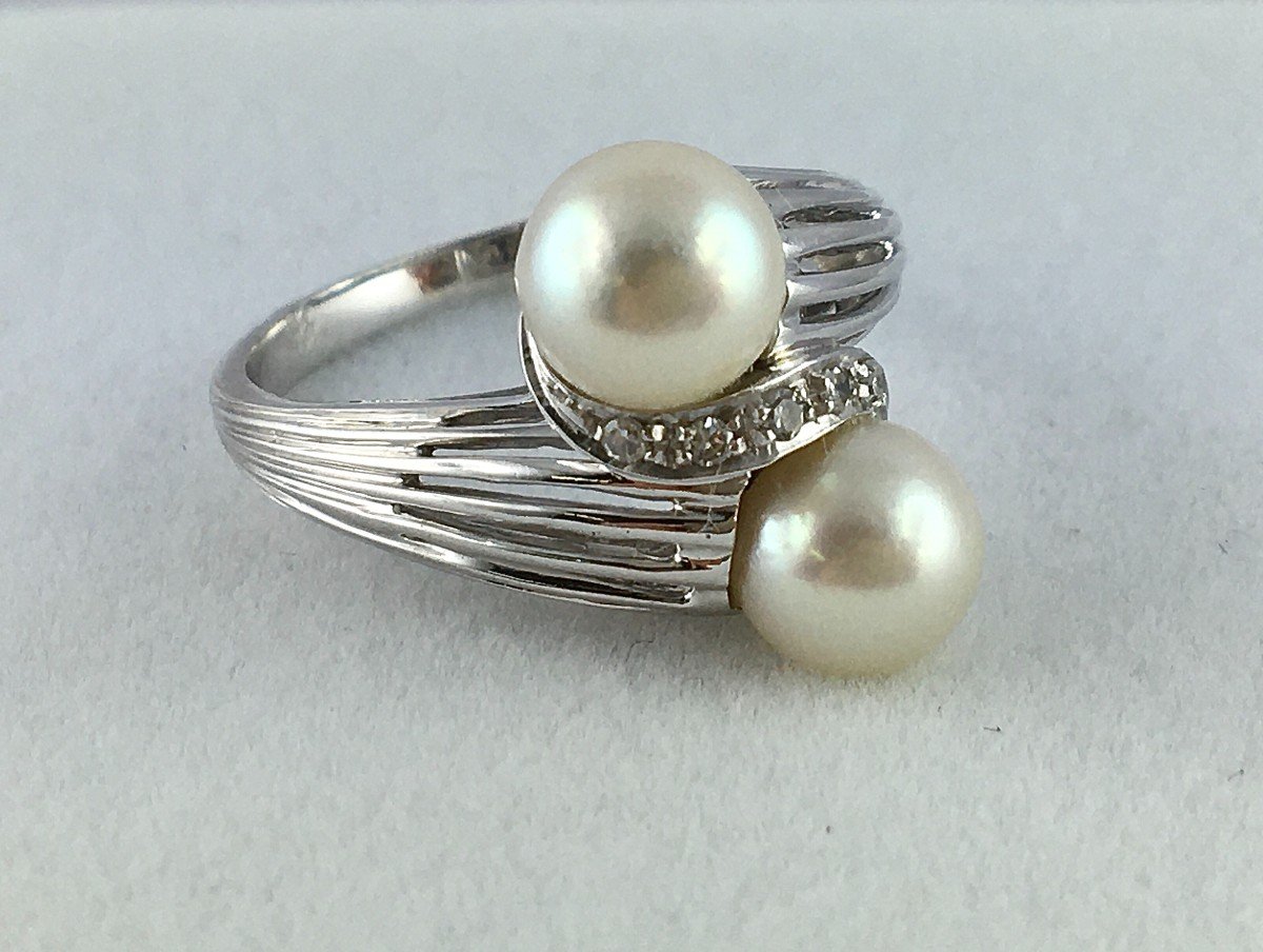 Toi Et Moi Ring White Gold Japanese Akoya Cultured Pearls And Diamonds-photo-2