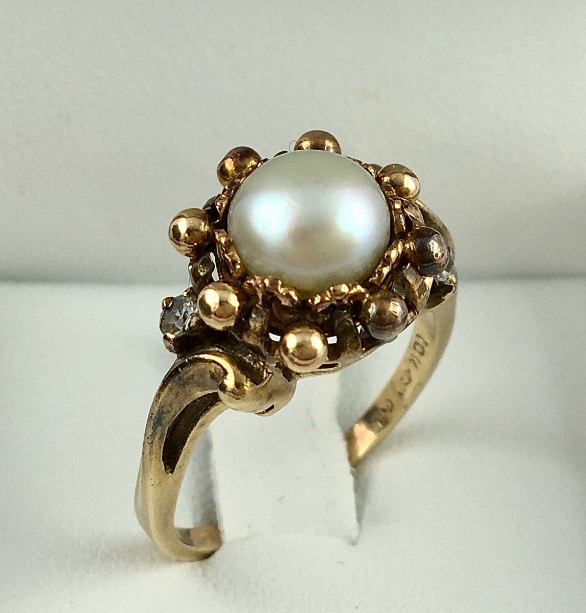 Pink Gold Pearl Button And Diamond Ring