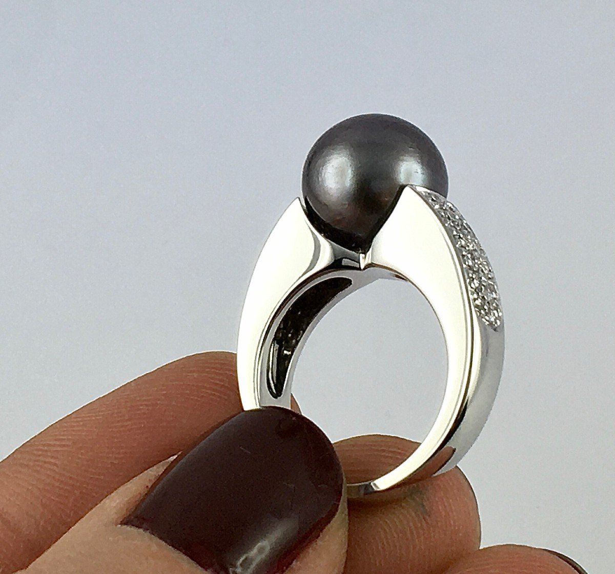 Boucheron Ring White Gold, Cultured Tahitian Pearl And Diamond Paving-photo-7