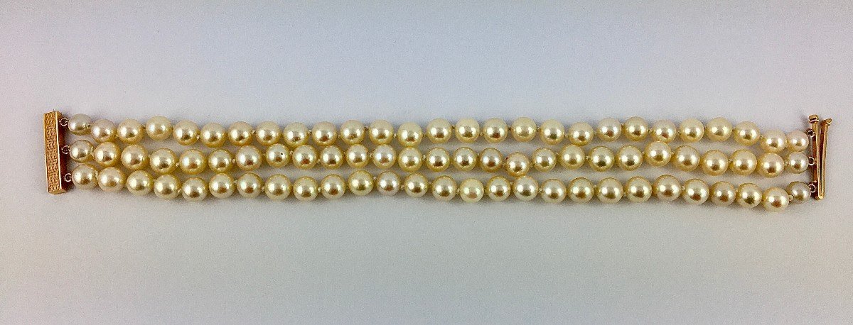 Bracelet Three Rows Japanese Akoya Cultured Pearls Rose Gold Clasp-photo-2