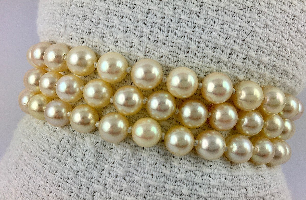 Bracelet Three Rows Japanese Akoya Cultured Pearls Rose Gold Clasp-photo-3