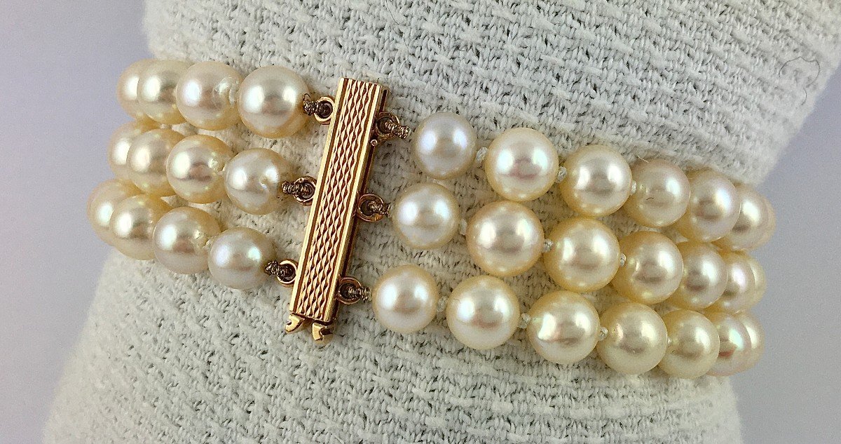 Bracelet Three Rows Japanese Akoya Cultured Pearls Rose Gold Clasp-photo-4