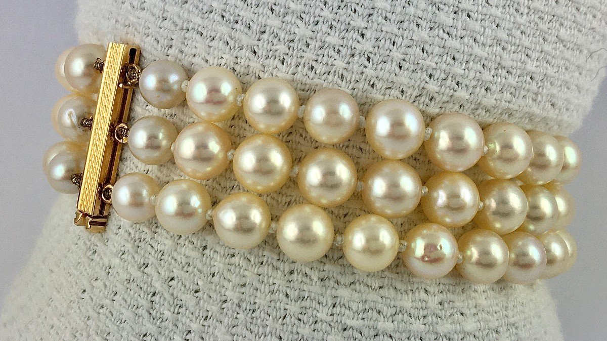 Bracelet Three Rows Japanese Akoya Cultured Pearls Rose Gold Clasp-photo-1