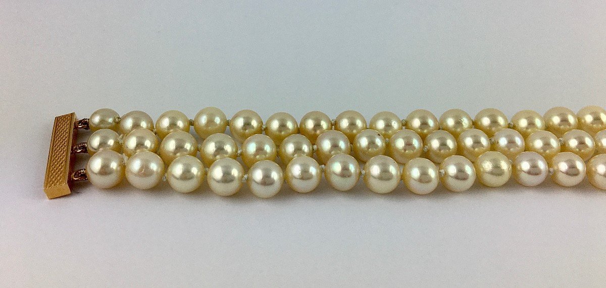 Bracelet Three Rows Japanese Akoya Cultured Pearls Rose Gold Clasp-photo-2