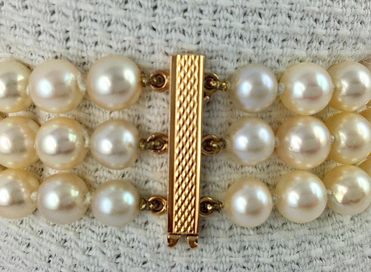 Bracelet Three Rows Japanese Akoya Cultured Pearls Rose Gold Clasp-photo-5