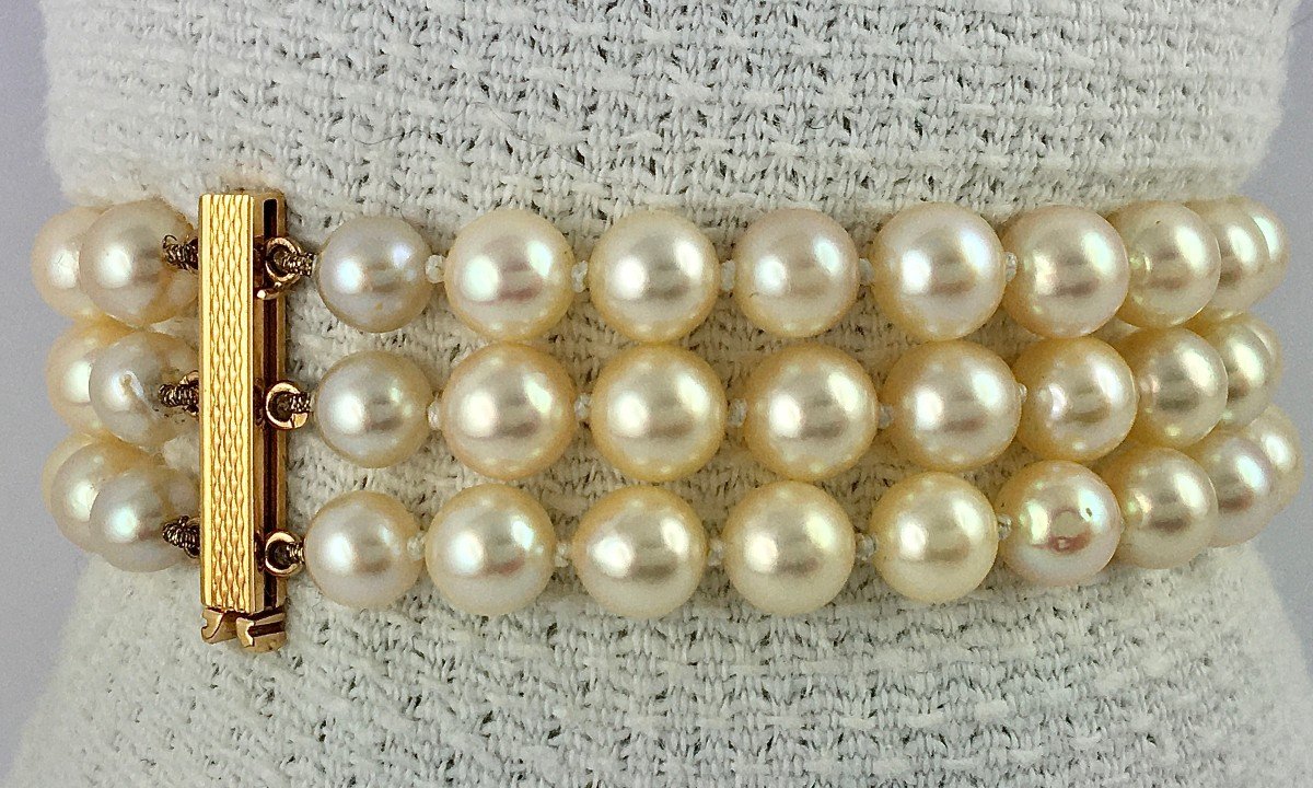 Bracelet Three Rows Japanese Akoya Cultured Pearls Rose Gold Clasp