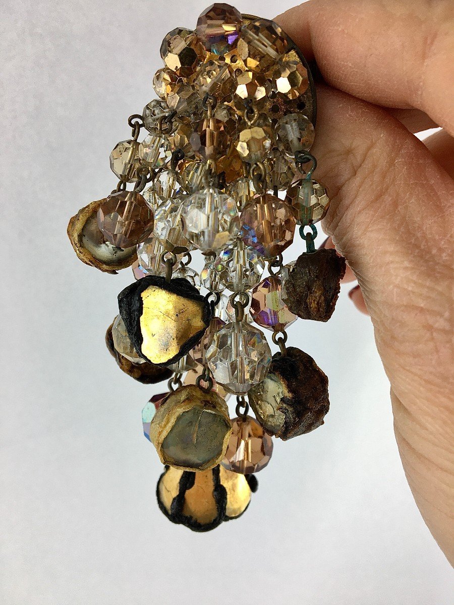 Broche Line Vautrin En Bronze Doré, Talosels Et Perles De Verre -photo-1