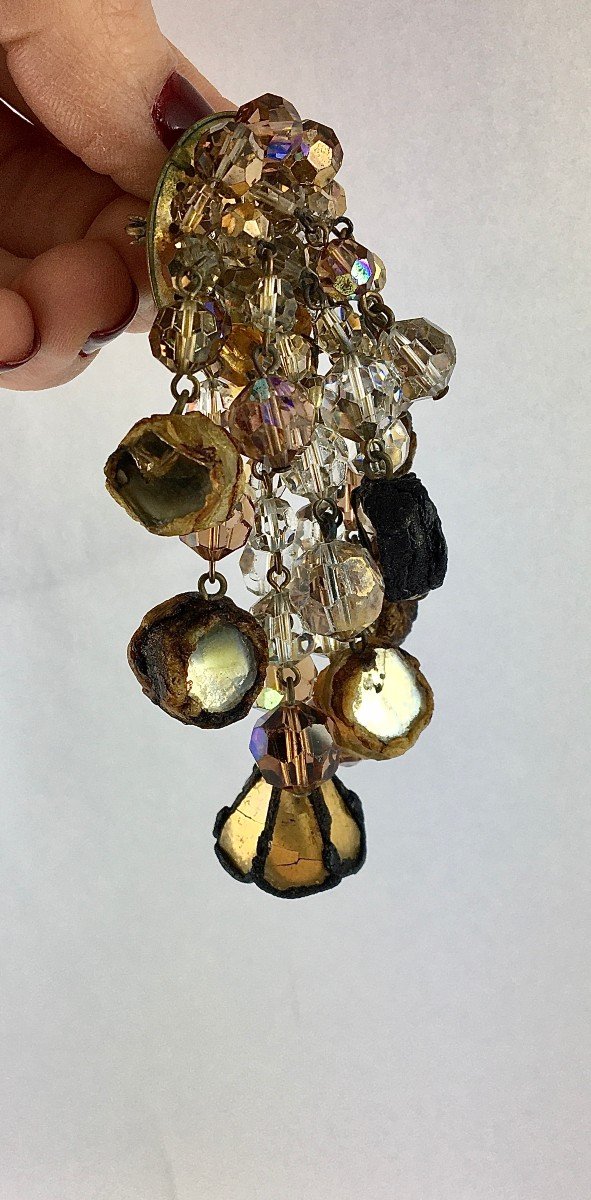 Broche Line Vautrin En Bronze Doré, Talosels Et Perles De Verre -photo-2