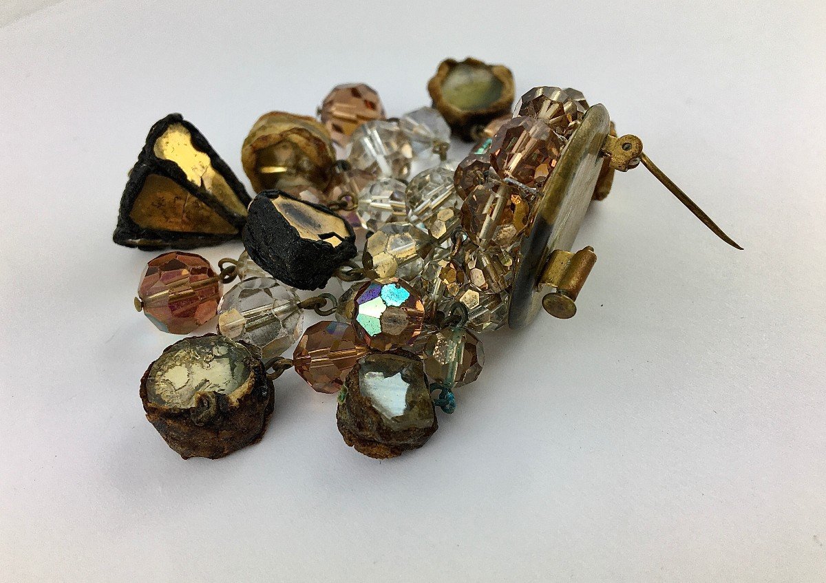 Broche Line Vautrin En Bronze Doré, Talosels Et Perles De Verre -photo-7