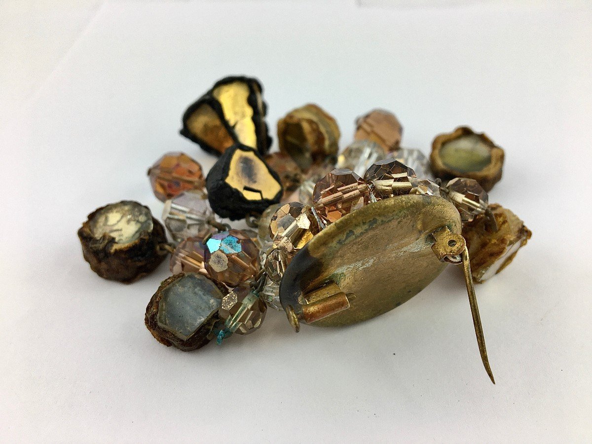 Broche Line Vautrin En Bronze Doré, Talosels Et Perles De Verre -photo-8