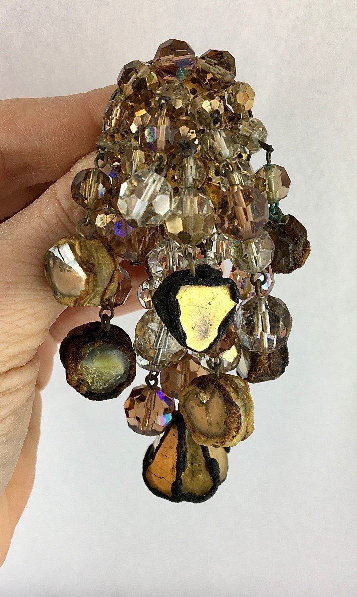Broche Line Vautrin En Bronze Doré, Talosels Et Perles De Verre 