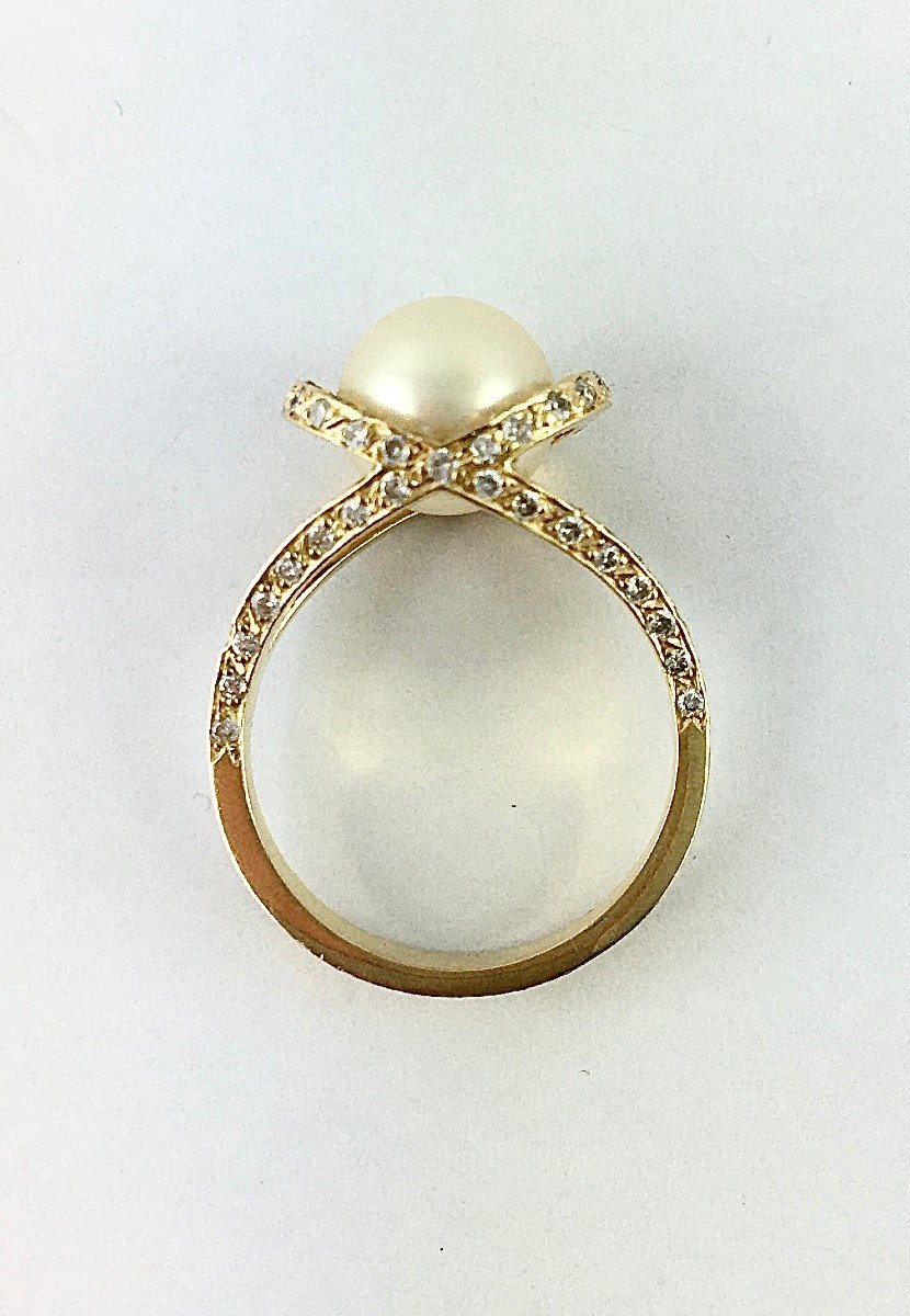 Yellow Gold Solitaire Ring With Japanese Cultured Pearl And Diamonds-photo-4