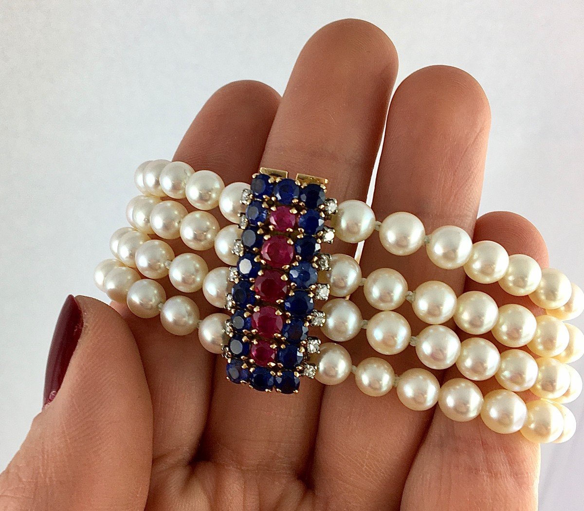 Japanese Pearl Cuff Bracelet, Yellow Gold Clasp, Synthetic Ruby Sapphires Diamonds-photo-3