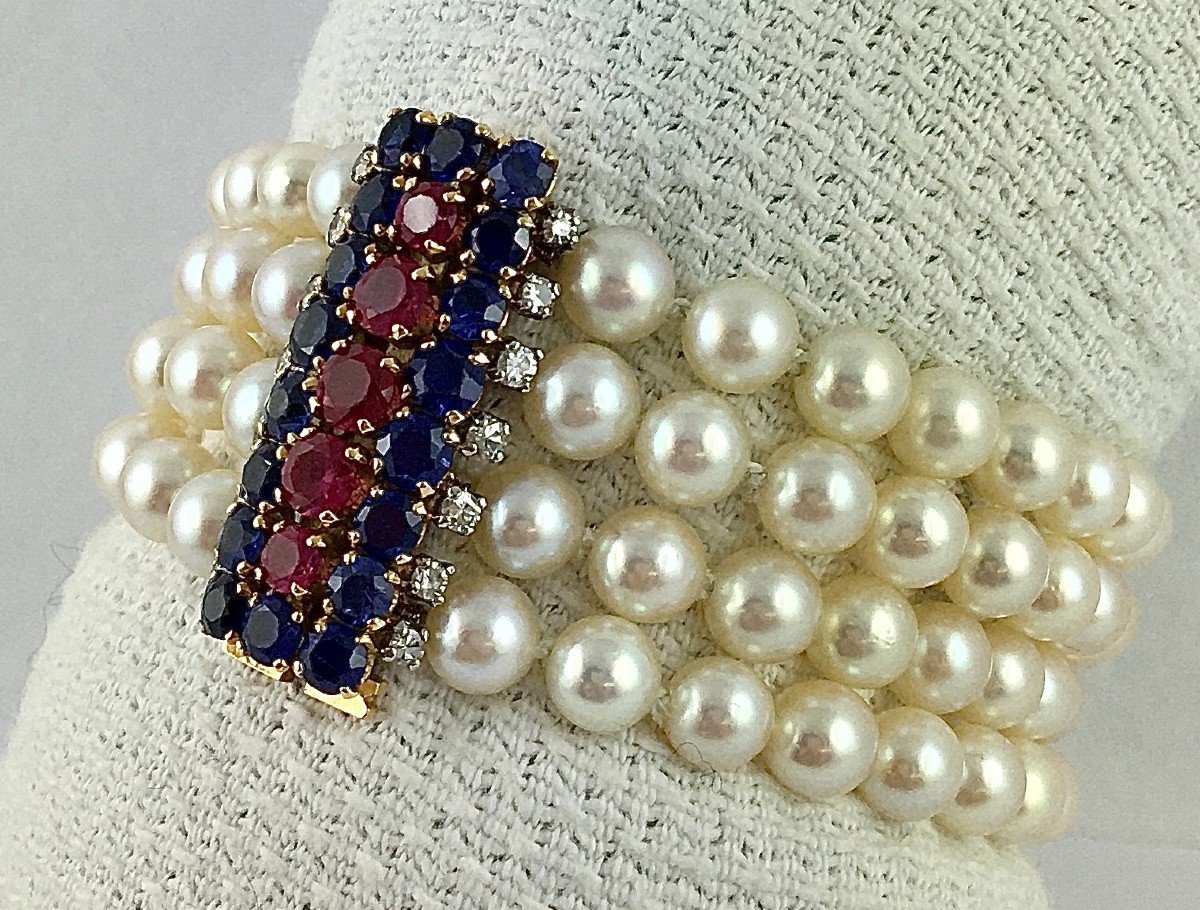 Bracelet Manchette Perles Japonaises, Fermoir Or Jaune, Saphirs Rubis Synthétiques Diamants-photo-1