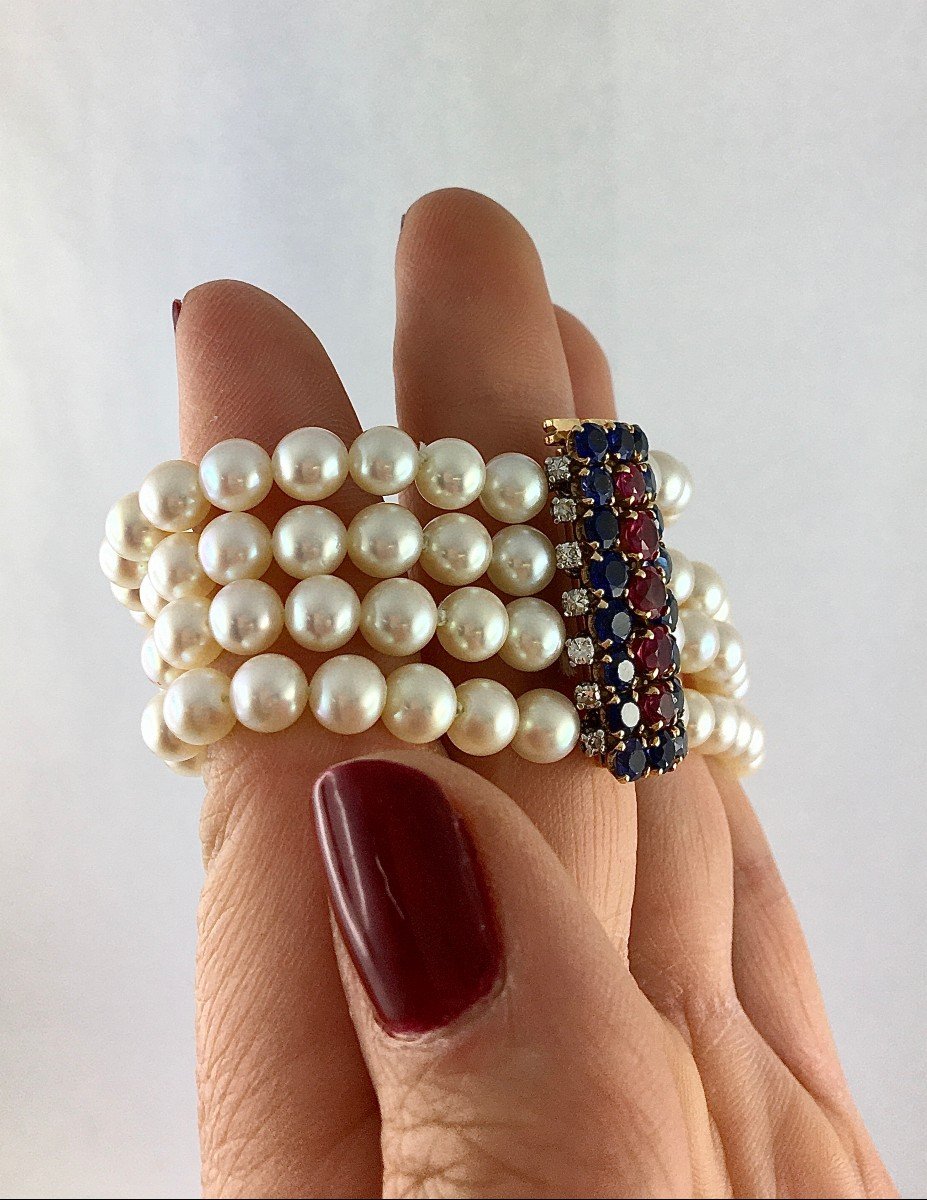 Bracelet Manchette Perles Japonaises, Fermoir Or Jaune, Saphirs Rubis Synthétiques Diamants-photo-4