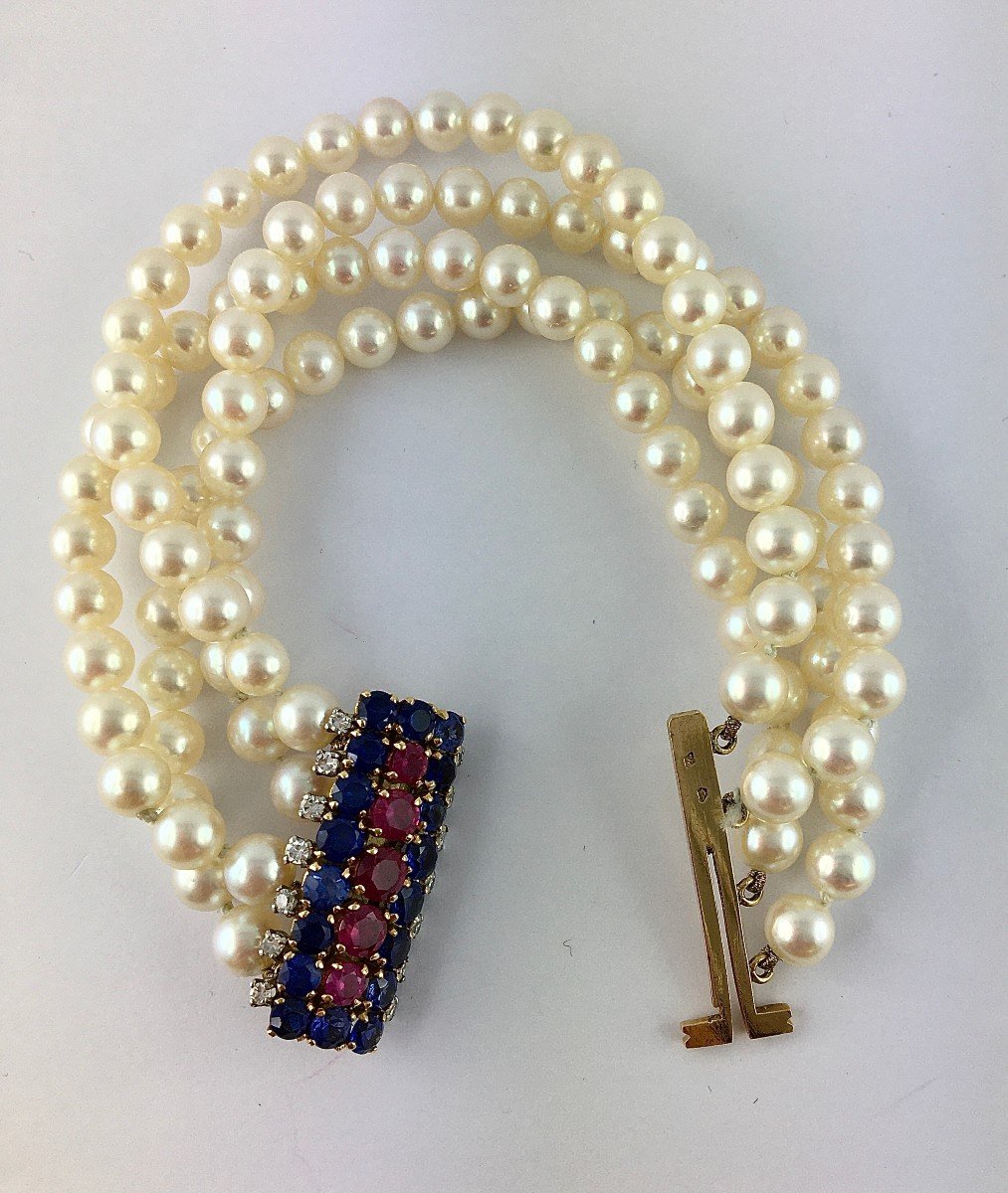 Bracelet Manchette Perles Japonaises, Fermoir Or Jaune, Saphirs Rubis Synthétiques Diamants-photo-6