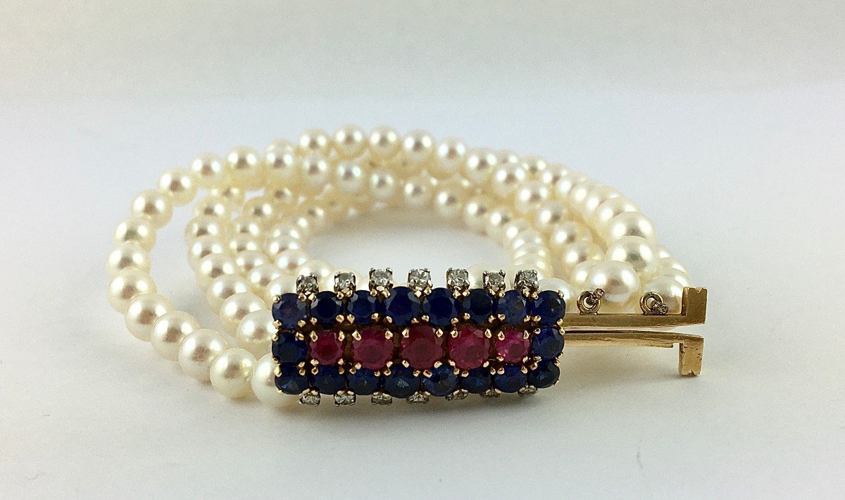 Japanese Pearl Cuff Bracelet, Yellow Gold Clasp, Synthetic Ruby Sapphires Diamonds-photo-7