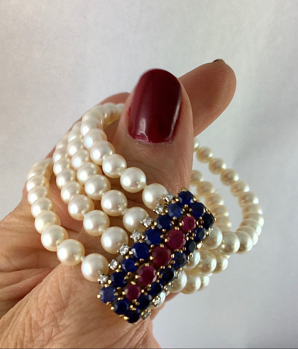Bracelet Manchette Perles Japonaises, Fermoir Or Jaune, Saphirs Rubis Synthétiques Diamants