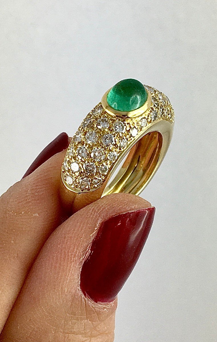 Bangle Ring Yellow Gold Emerald Cabochon And Diamond Paving-photo-3