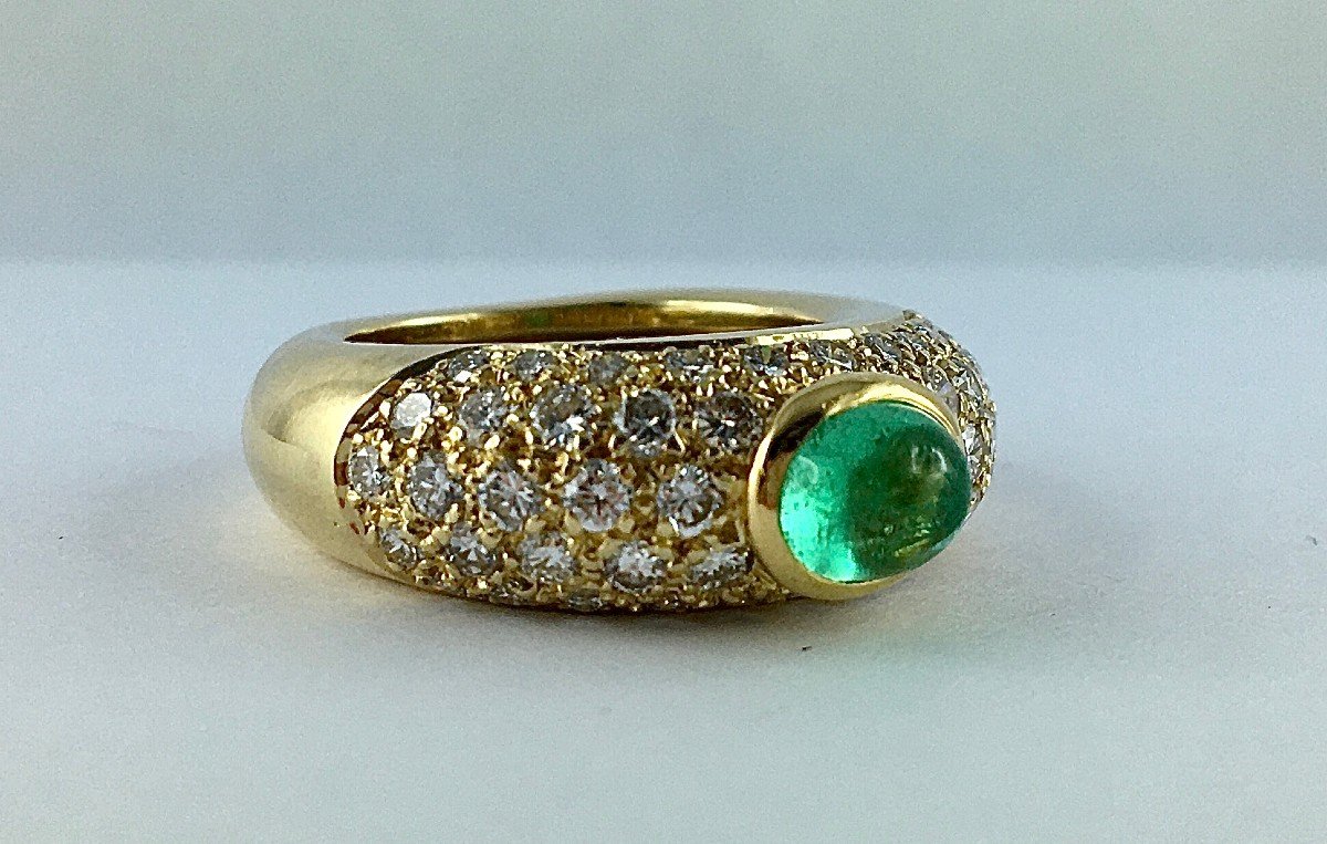 Bangle Ring Yellow Gold Emerald Cabochon And Diamond Paving-photo-3