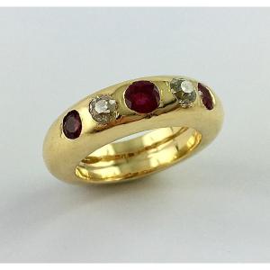 Band Ring Old Cut Diamonds, Synthetic Rubies On Yellow Gold